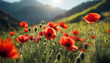 Red poppy. Poppy blossom. Mountain landscape with blooming red poppy. Panorama of flowering mountain meadows. Selective focus. AI generated