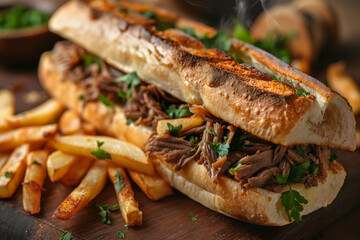 Wall Mural - Delicious Grilled Sandwich with Pulled Pork and Golden French Fries