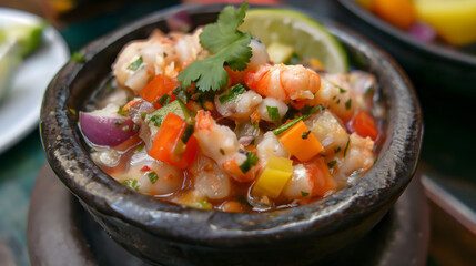 Sticker - Colorful Fresh Ceviche in a Traditional Clay Bowl on a Vibrant Table Setting