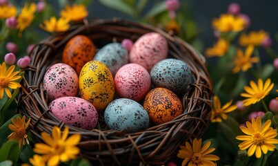 Poster - Easter-themed photo, colorful eggs in a wicker basket on wooden planks