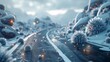 A snowy road with viruses it and snow falling, AI