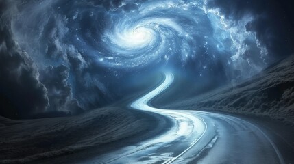 Sticker - A road winding through a spiral galaxy in the night sky, AI