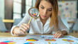Businesswoman looking through a magnifying glass at a marketing strategy chart, Marketing Vision