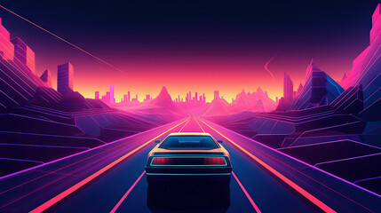 Sticker - Car ride on the neon road in 80s retro synthwave style.