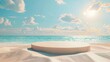 Summer beach podium, 3D sand platform, sea backdrop, sunny sky, vacation sale display