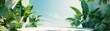 Tropical beauty podium, vibrant green leaf surround, clear sky overhead, birda  seye view shot