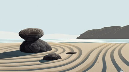 Sticker - A drawing of a japanese stone garden on top of the sand, AI