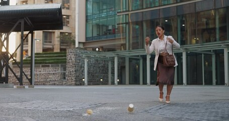 Sticker - Business woman, street and spill coffee with mistake, walking and anger with trip, schedule and outdoor in city. Person, employee and stress with mess for drink on metro sidewalk by office building