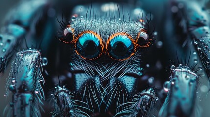 Poster - A close up of a spider with blue eyes and orange markings, AI