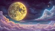 Cartoon yellow moon with craters floats in purple turquoise pink white clouds on lilac starry sky. Magic night backdrop with multicolor objects flying 