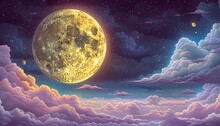 Cartoon Yellow Moon With Craters Floats In Purple Turquoise Pink White Clouds On Lilac Starry Sky. Magic Night Backdrop With Multicolor Objects Flying 