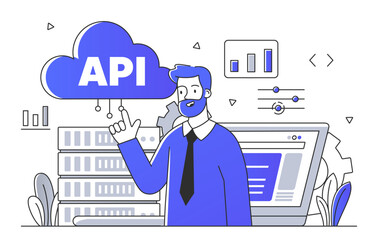 Wall Mural - man with api server simple. it specialist and ptogrammer at workplace. technical support and system 