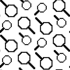 Magnifying glass icon pattern in pixels, vector illustration in flat style, highlighted on a white background. The symbol of the search or zoom tool is the magnifying glass icon