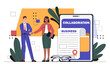 Business consolidation concept. Man and woman shaking hands. Business deal and agreement. Collaboration and cooperation, teamwork and partnership. Cartoon flat vector illustration