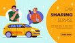 Car sharing poster. Man and woman with smartphones ordering transport. Mobile application for orders automobile. Urban infrastructure. Landing webpage design. Cartoon flat vector illustration