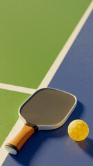 Canvas Print - The pickleball racket and ball are on the court line. Blur 3D rendering.