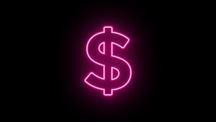 Poster - Neon dollar icon animation, slow blink. Glowing neon dollar sign, looped slow flashing animation. Money cash, digital currency market, USD, bank business, finance. Pink, red, purple colors