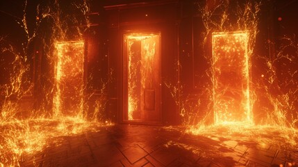 Sticker - A room with fire and doors that are open, AI