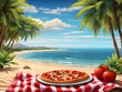 © Mahmud - A delicious pepperoni pizza on a checkered picnic blanket at a sandy beach with a beautiful ocean view and lush tropical foliage design.