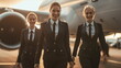 Smiling flight attendants in uniform stride confidently on the airport tarmac with an airplane in the background