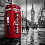 Fototapeta Do przedpokoju - cabine telefonica  retrô vermelha canva na cidade preto e branco