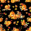 Happy Halloween Pumpkin seamless pattern. Hand drawn watercolor illustration isolated on dark background