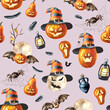 Halloween Pumpkin lantern seamless pattern. Hand drawn watercolor illustration isolated on white background