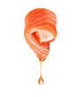Twisted salmon slice with falling fat drop close up isolated on a white background