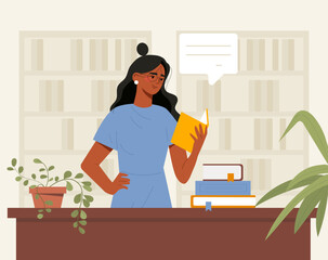 Wall Mural - Woman reading in library. Young girl with textbook or fiction. Student with books indoors. Education and learning, training. Woman prepare for test or exam. Cartoon flat vector illustration