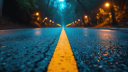 Wet road with bright yellow line running down the center on a rainy day