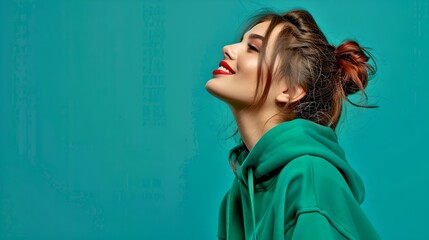 Wall Mural - Joyful Young Woman in Green Hoodie Smiling on Teal Background. Casual Style, Studio Shot, Expressing Happiness. AI