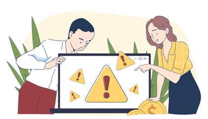 Wall Mural - operating system error people simple. man and woman near laptop with yellow triangles and exclamatio