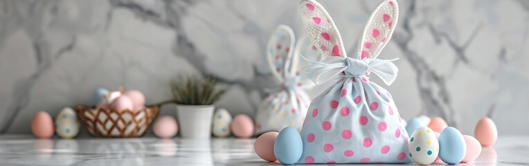 Wall Mural - Easter Bunny Ears and Eggs on White Table: Happy Easter Greeting Card Concept with Fabric Gift Bag Decoration