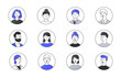 Social media avatars linear set. Men and women of different generations. Profiles for social networks and messengers. Global communication. Doodle flat vector collection isolated on white background