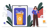 Fototapeta Londyn - Plastic pollution problem. Woman near trashcan with plastic bottles. Recycling and reuse. Care about nature and ecology, environment. Cartoon flat vector illustration isolated on white background