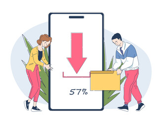 Wall Mural - system maintenance update simple. man and woman near smartphone with folder with files. electronic s