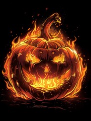 Wall Mural - A burning halloween pumpkin on a black background. A magical creature made of fire.