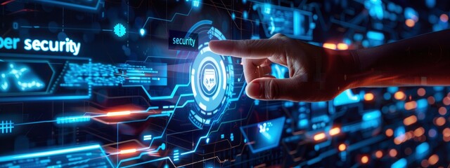 Hand touching the concept of cyber security with a futuristic background, digital technology and network connections, virtual screens showcase abstract data.