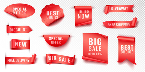 Poster - Red promotion tags realistic vector illustration set. Badges ribbons and banners for sales advertisement 3d models on white background