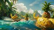 Fruit riding the waves, particularly joyful bananas and pineapples with faces and hands, against a tropical landscape of blue waves, greenery and clear skies