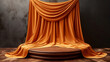 orange silk curtain elegantly draped over a wooden stage, product podium