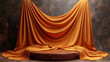 orange silk curtain elegantly draped over a wooden stage, product podium