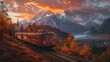 Panoramic train on railway at sunrise nature mountain background. AI generated image