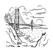 Golden Gate Bridge across the strait. San Francisco. Black and white illustration in doodle style