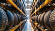 Many new car tires row in rack the warehouse building. AI generated image