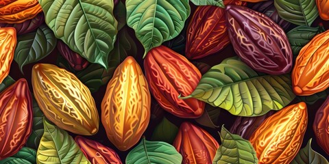 Poster - A close up of a bunch of chocolate covered nuts with leaves in the background. The nuts are of different sizes and colors, and the leaves are green and spread out. Concept of abundance and indulgence