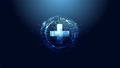 Wall Mural - world and health plus on a blue background, the concept of health, self-care on digital background. 