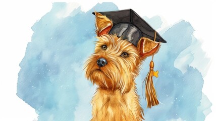 Canvas Print - Graduation day for a cheerful Yorkshire Terrier - Showcasing a joyful Yorkshire Terrier in a graduation cap, this image evokes pride and accomplishment with a soft blue watercolor background