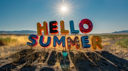 Wall Mural - Sunny HELLO SUMMER letters bask in the deserts stark beauty under a brilliant sun, capturing the essence of summers heat.