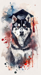 Canvas Print - Watercolor Husky in graduation attire - A majestic Siberian Husky adorned with a graduation cap, depicted in a vibrant watercolor technique